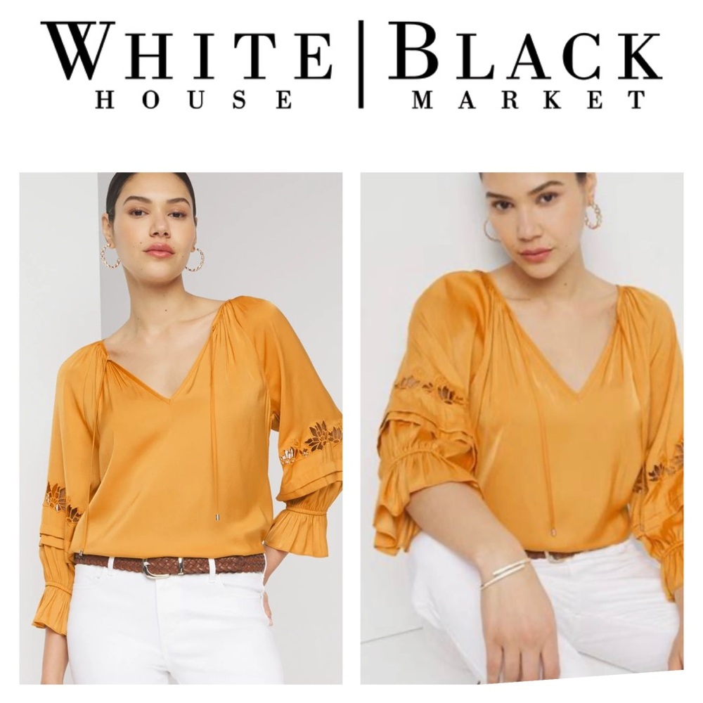 White House Black Market Golden Blouse with Lace Sleeves